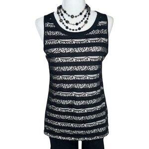 Ann Taylor LOFT Tank Lace Striped Sleeveless Top Black Ivory Off White Medium M